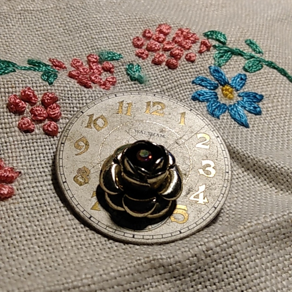 Vintage Metal Pocket Watch Dial Repurposed Artsy Steampunk Rhinestone Pin Brooch